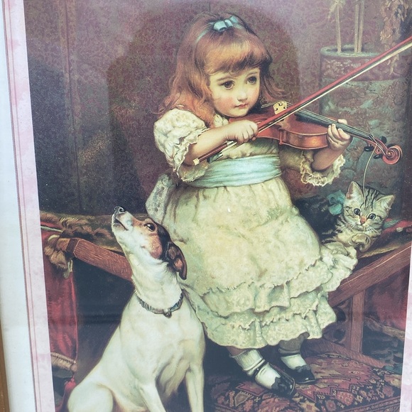 A Broken String Charles Burton Barber framed print 12x10 VTG little girl dog cat - Picture 2 of 6